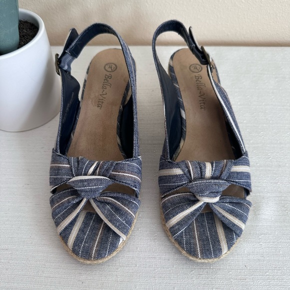 New Bella Vita Seraphina 2 Navy Stripe Espadrille Wedge Sandals Women’s 7WW - Picture 3 of 14